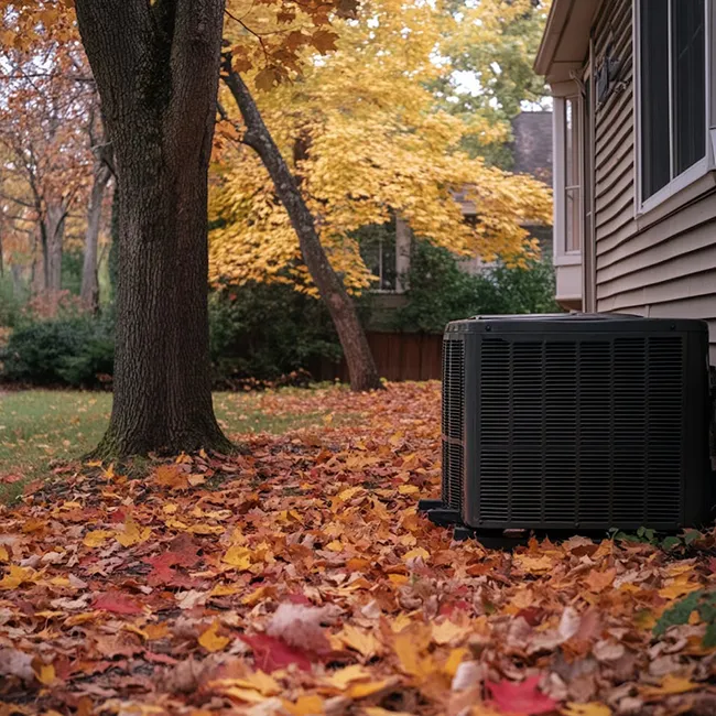 Autumn leaves falling against an outdoor HVAC condensor unit