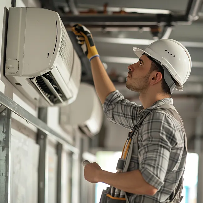 A technician working on a mini-split AC system