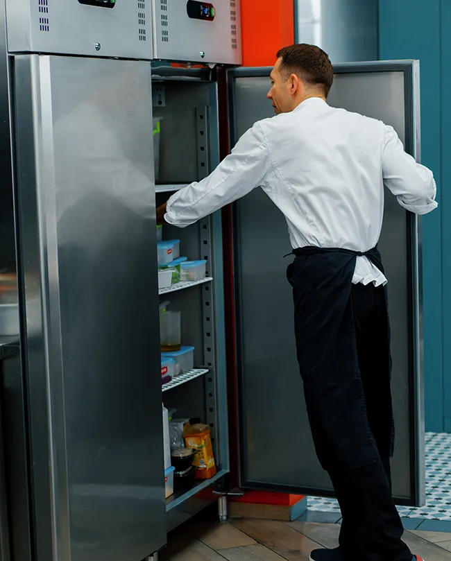 chef reaching into a restaurant cooler